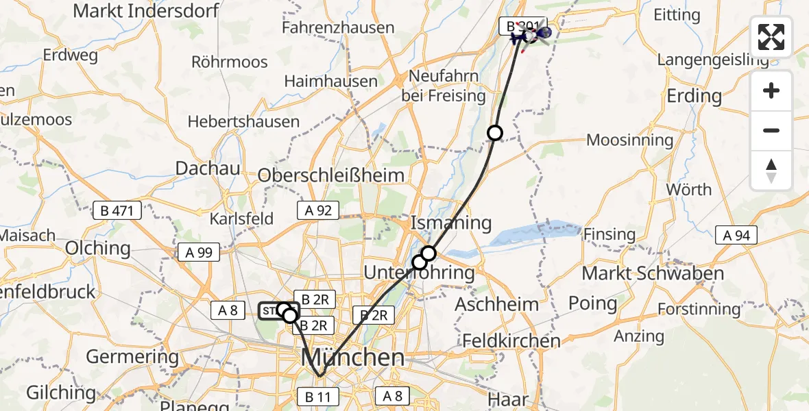 Flugroute Polizeihubschrauber Dritter Orden University Hospital - München Flughafen, 23 Juni 2026, 15:04