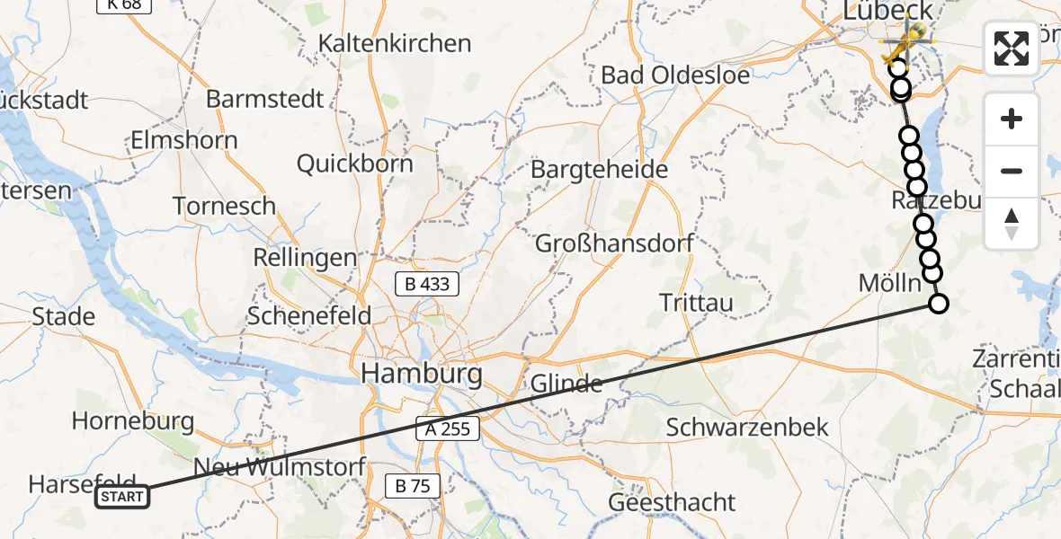Flugroute Rettungshubschrauber Harsefeld - Lübeck, 23 Juni 2026, 15:15
