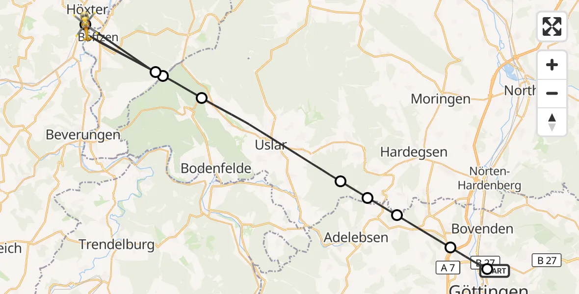 Flugroute Rettungshubschrauber Göttingen University Clinic Hubschrauberlandeplatz - Höxter, 23 Juni 2026, 15:19