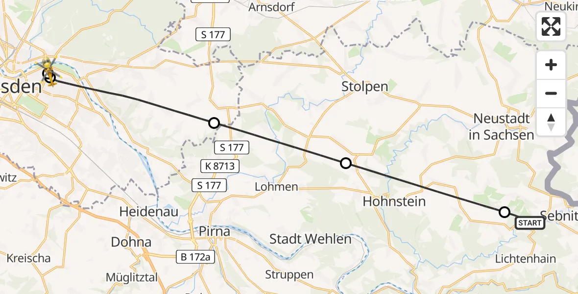 Flugroute Rettungshubschrauber Sebnitz - Dresden University Hospital, 23 Juni 2026, 15:21