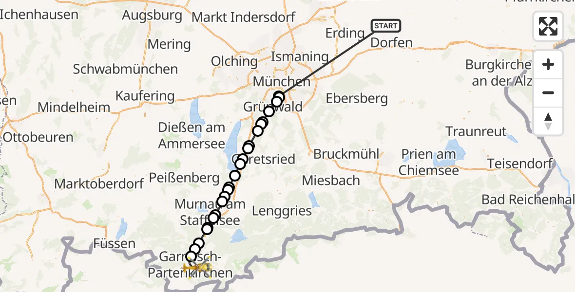 Flugroute Rettungshubschrauber Taufkirchen (Vils) - Garmisch-Partenkirchen, 23 Juni 2026, 15:21