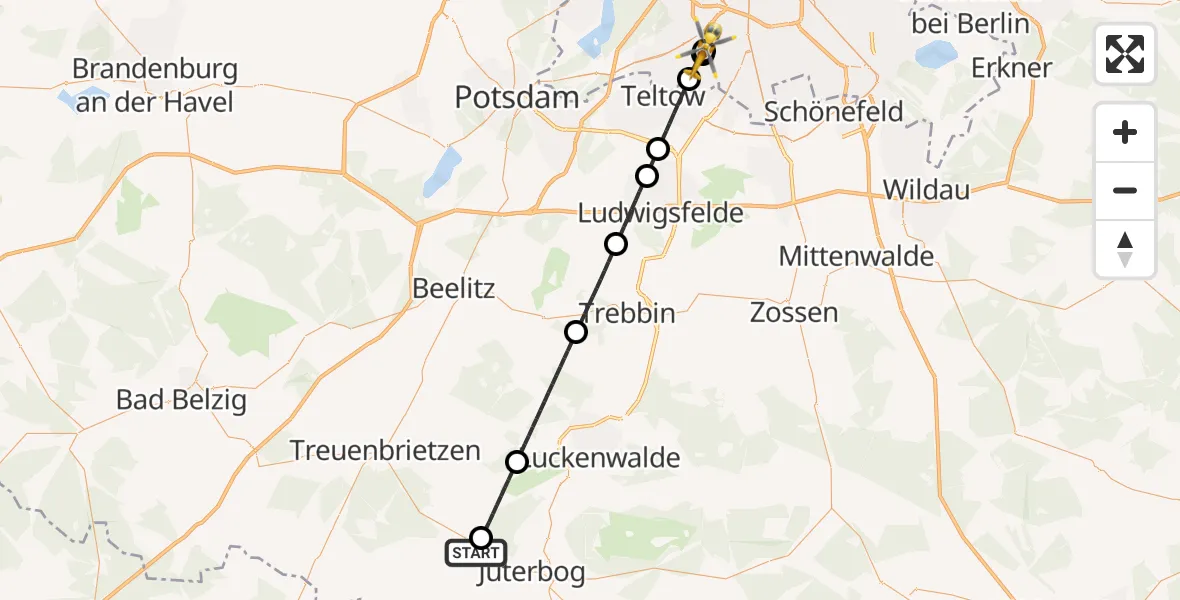 Flugroute Rettungshubschrauber Niedergörsdorf - Charité Clinic Benjamin Franklin Campus Hubschrauberlandeplatz, 23 Juni 2026, 15:28