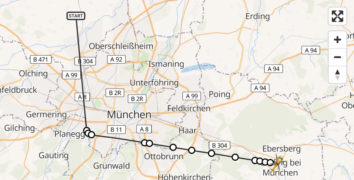 Flugroute Rettungshubschrauber Röhrmoos - Grafing b.München, 23 Juni 2026, 15:34