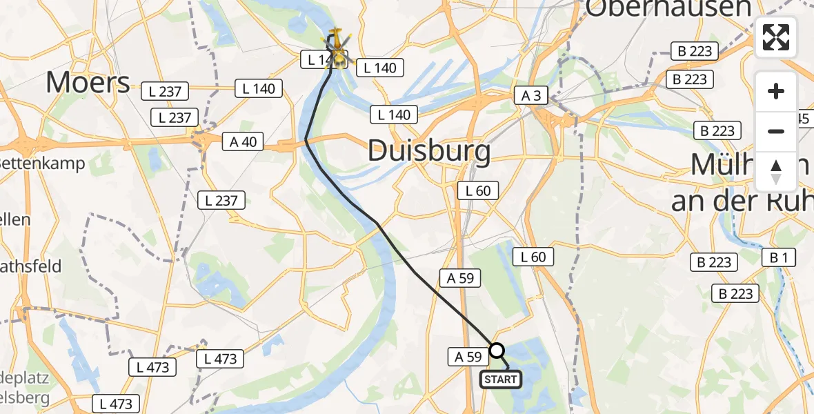 Flugroute Rettungshubschrauber Duisburg Air Rescue Hubschrauberlandeplatz (Christoph 9) - Duisburg, 23 Juni 2026, 15:35