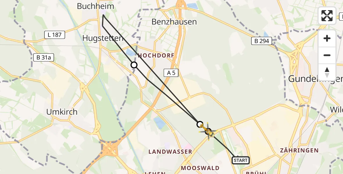 Flugroute Ambulanzhubschrauber Freiburg im Breisgau Flugplatz - Freiburg im Breisgau, 23 Juni 2026, 15:36