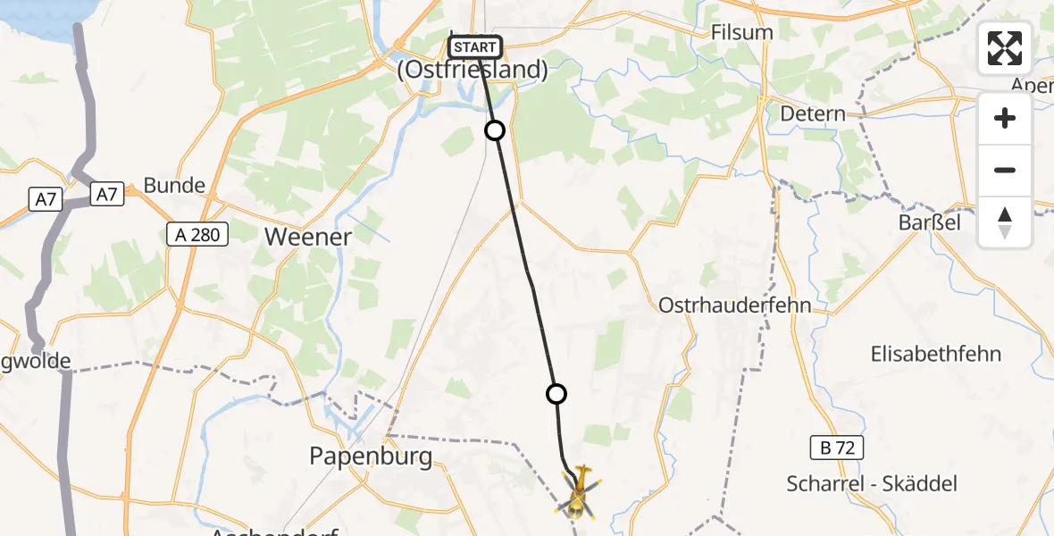 Flugroute Rettungshubschrauber Leer (Ostfriesland) - Rhauderfehn, 23 Juni 2026, 15:40