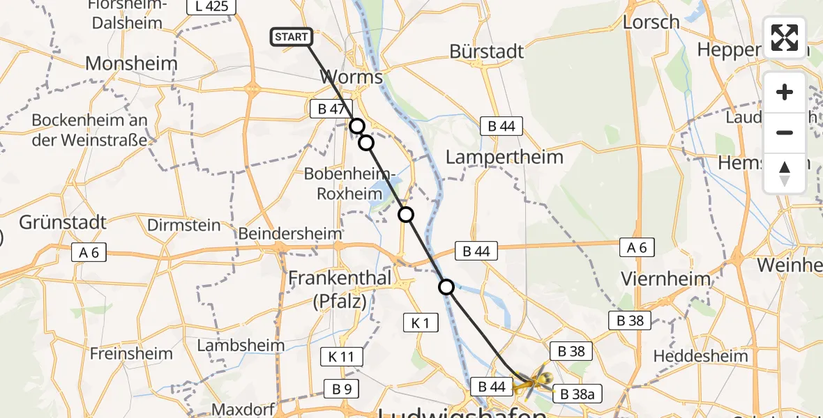 Flugroute Rettungshubschrauber Worms - Mannheim, 23 Juni 2026, 15:40