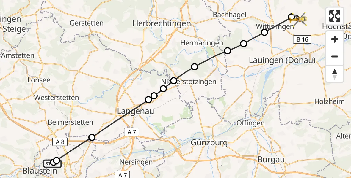 Flugroute Rettungshubschrauber Ulm Military Hospital Emergency - Mödingen, 23 Juni 2026, 15:43