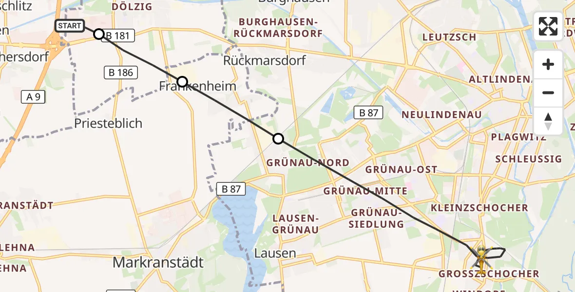 Flugroute Rettungshubschrauber ADAC Air Rescue Station Leipzig/Schkeuditz-Dölzig Hubschrauberlandeplatz (Christoph 61) - Leipzig, 23 Juni 2026, 15:43