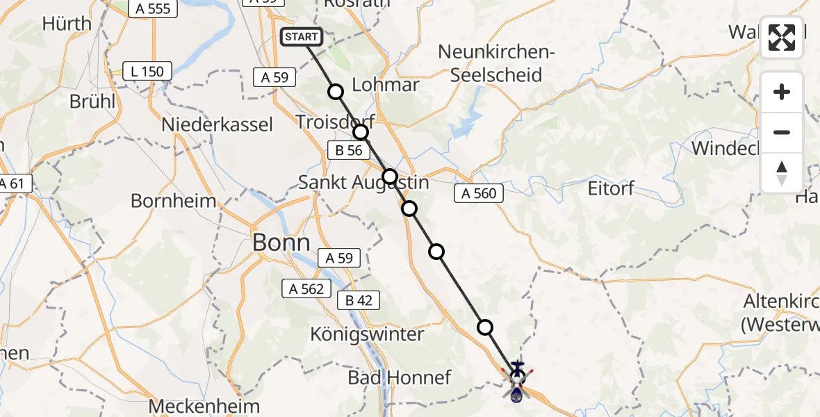 Flugroute Polizeihubschrauber Köln Bonn Flughafen - Windhagen, 23 Juni 2026, 15:45