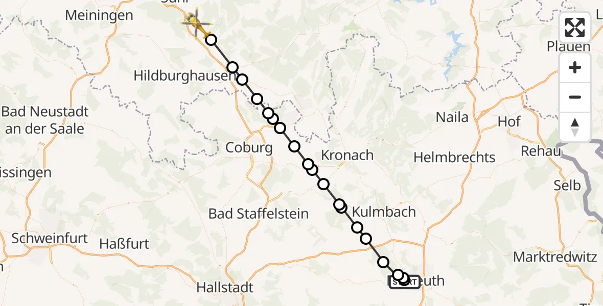 Flugroute Rettungshubschrauber Bayreuth Hospital - Schleusingen, 23 Juni 2026, 15:46