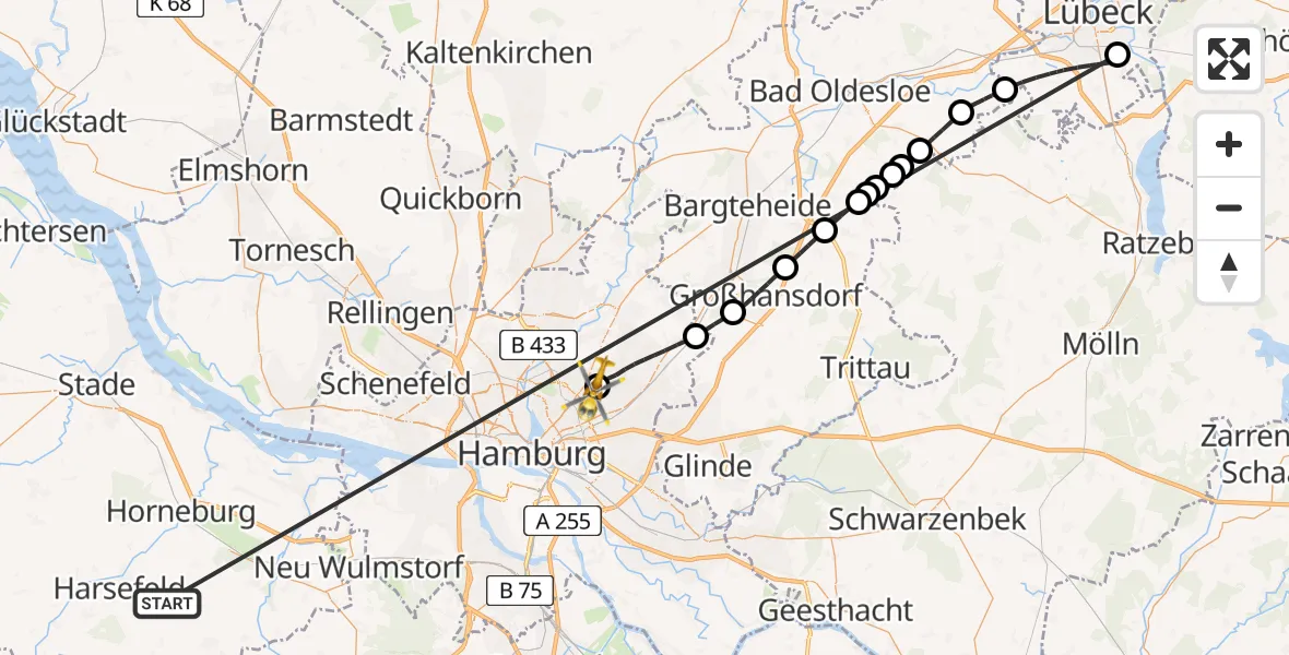 Flugroute Rettungshubschrauber Harsefeld - Hamburg Military Hospital, 23 Juni 2026, 15:48