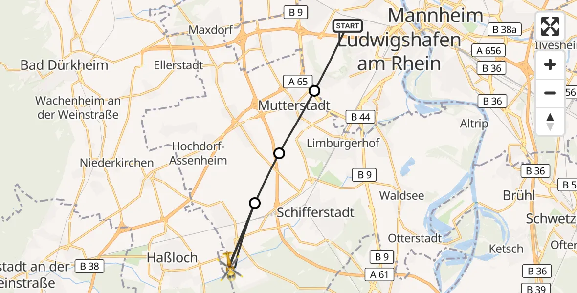 Flugroute Rettungshubschrauber Ludwigshafen am Rhein - Böhl-Iggelheim, 23 Juni 2026, 15:49