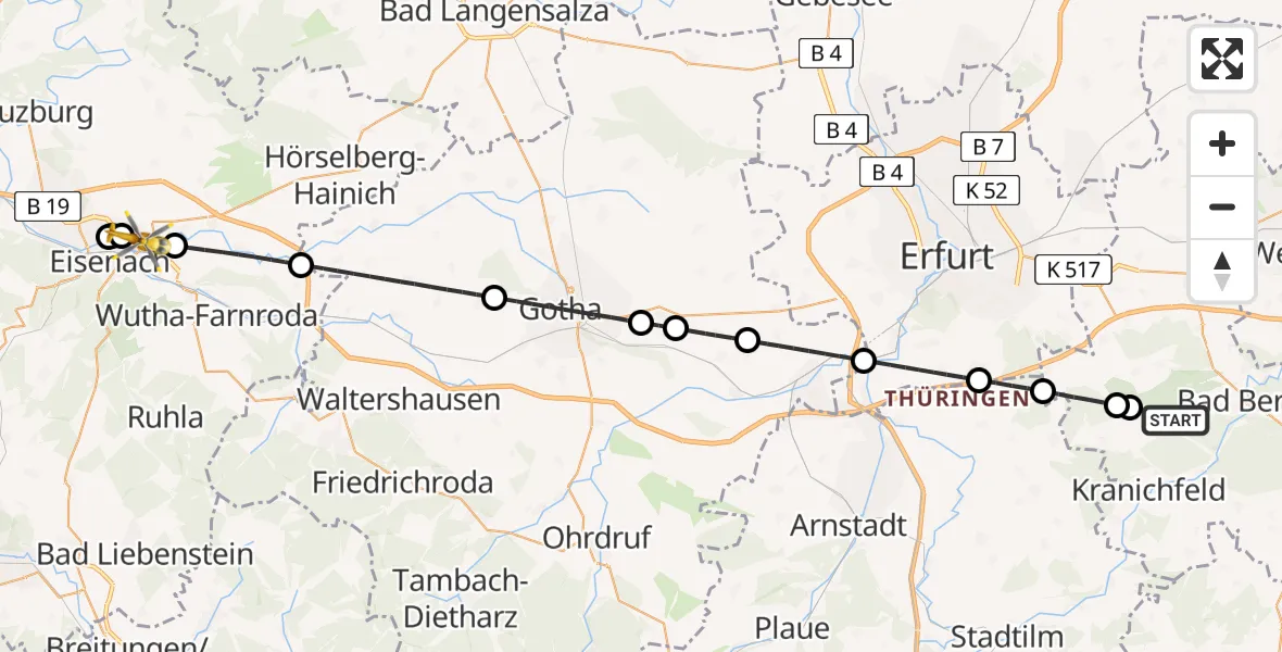 Flugroute Ambulanzhubschrauber Tonndorf - Eisenach, 23 Juni 2026, 15:53