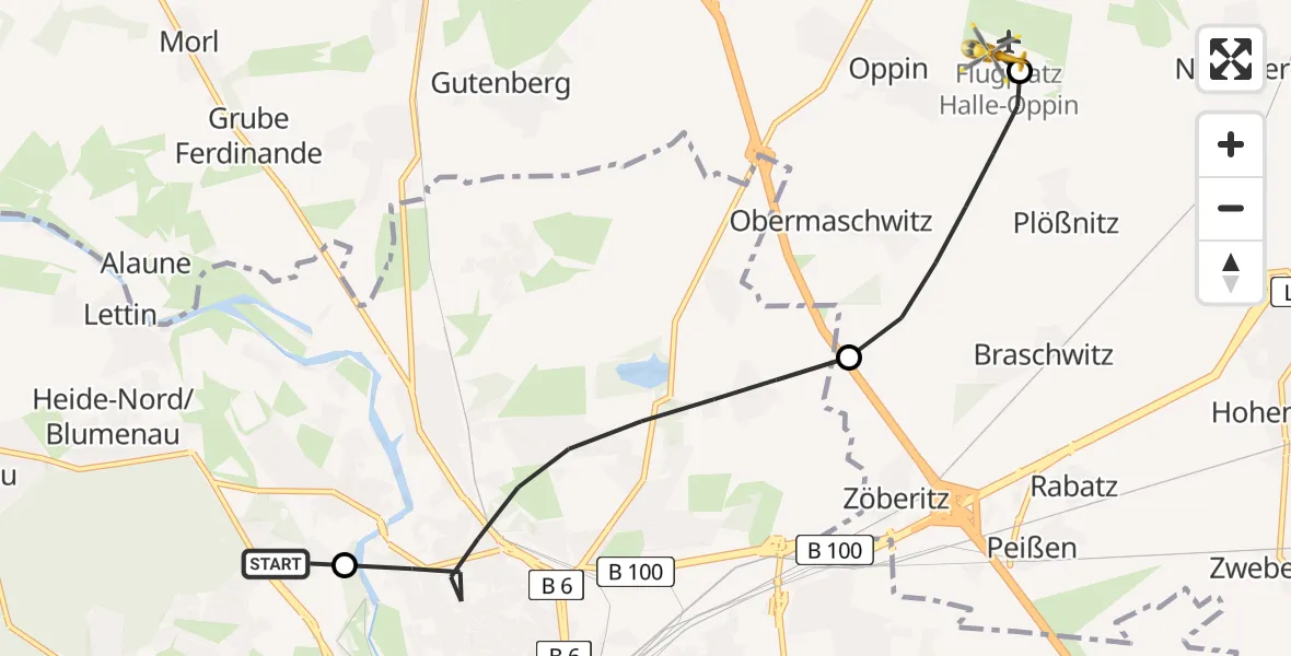 Flugroute Rettungshubschrauber Halle (Saale) University Hospital - Halle-Oppin Flugplatz, 23 Juni 2026, 16:00