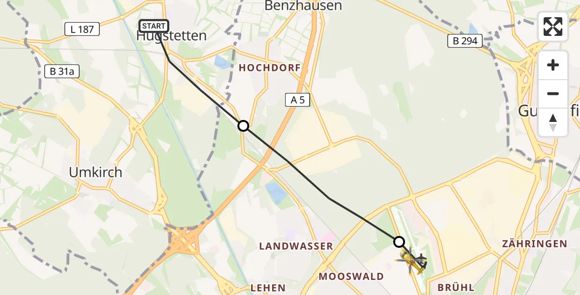 Flugroute Ambulanzhubschrauber March - Freiburg im Breisgau Flugplatz, 23 Juni 2026, 16:00