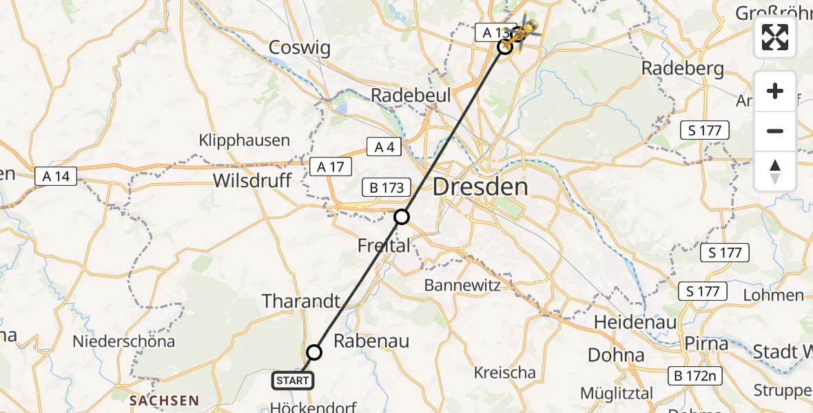 Flugroute Rettungshubschrauber Klingenberg - Dresden Bundespolizei Hubschrauberlandeplatz, 23 Juni 2026, 16:03