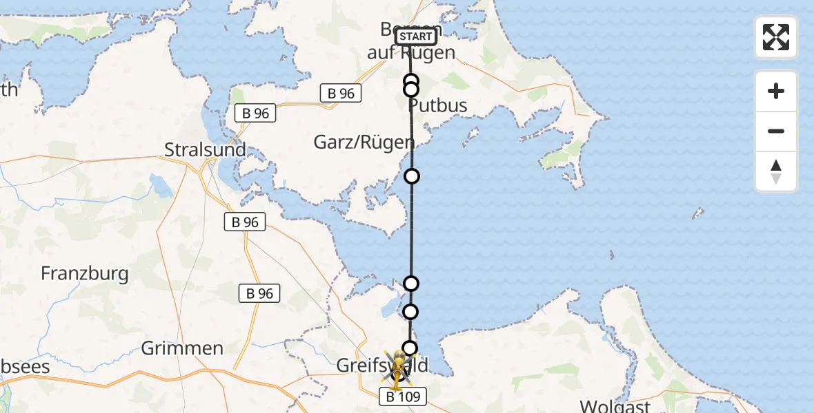 Flugroute Rettungshubschrauber Bergen auf Rügen - Greifswald Hospital, 23 Juni 2026, 16:05