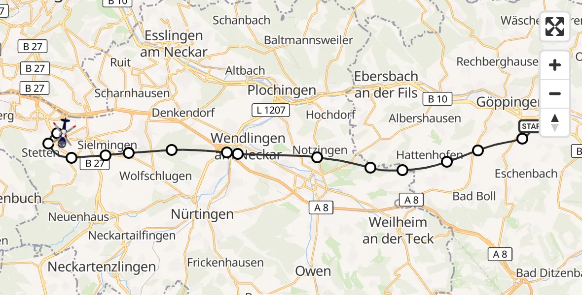 Flugroute Polizeihubschrauber Göppingen - Flughafen Stuttgart, 23 Juni 2026, 16:06
