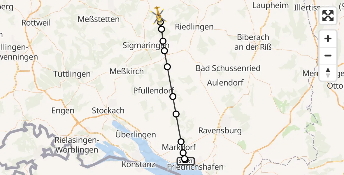 Flugroute Rettungshubschrauber Friedrichshafen Hospital - Hettingen, 23 Juni 2026, 16:08