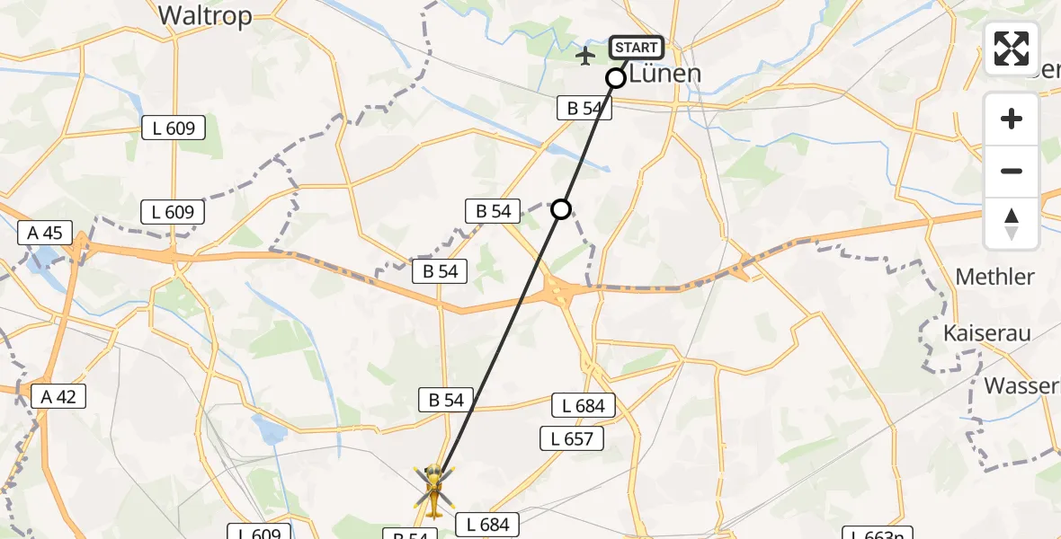 Flugroute Rettungshubschrauber Sankt Marien Hospital - Dortmund, 23 Juni 2026, 16:20