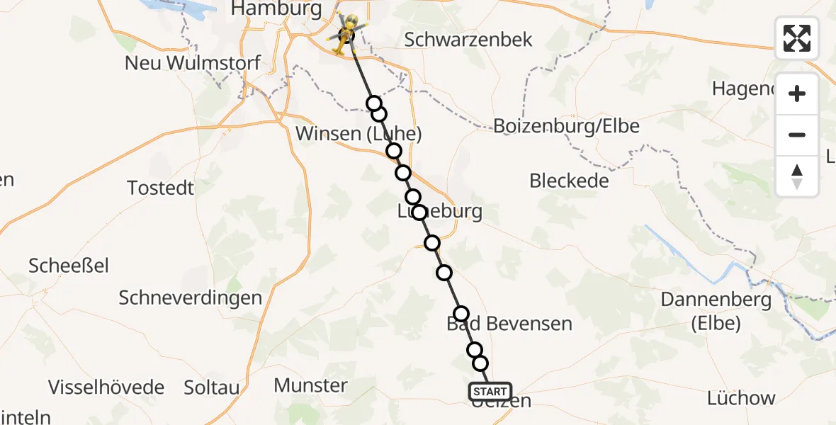 Flugroute Ambulanzhubschrauber Uelzen - Christoph Hansa ADAC Hubschrauberlandeplatz, 23 Juni 2026, 16:20