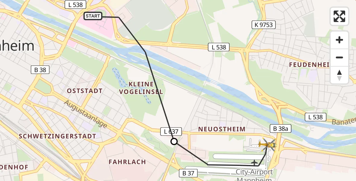Flugroute Rettungshubschrauber Mannheim - Mannheim-City Flughafen, 23 Juni 2026, 16:27