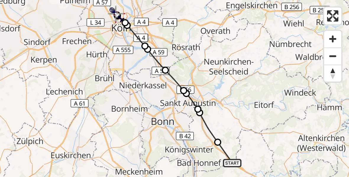 Flugroute Polizeihubschrauber Bad Honnef - Sankt Vinzenz Hospital, 23 Juni 2026, 16:27