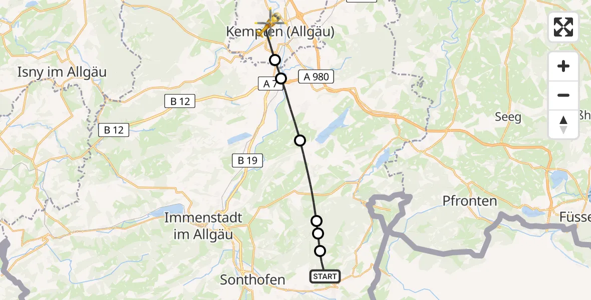 Flugroute Rettungshubschrauber Bad Hindelang - Kempten (Allgäu), 23 Juni 2026, 16:39