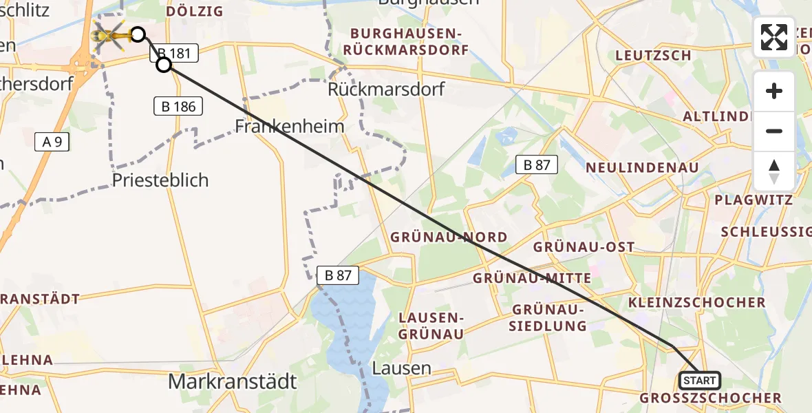 Flugroute Rettungshubschrauber Leipzig - ADAC Air Rescue Station Leipzig/Schkeuditz-Dölzig Hubschrauberlandeplatz (Christoph 61), 23 Juni 2026, 16:45