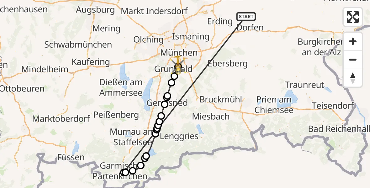 Flugroute Rettungshubschrauber Taufkirchen (Vils) - Perlacher Forst, 23 Juni 2026, 16:45