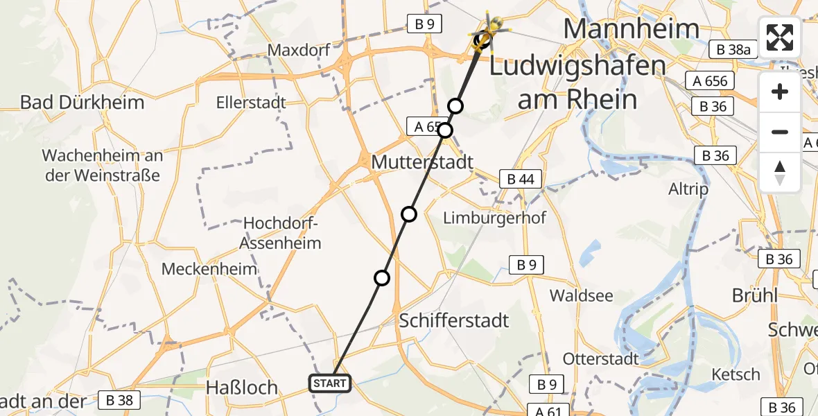 Flugroute Rettungshubschrauber Böhl-Iggelheim - Ludwigshafen Accident Hospital, 23 Juni 2026, 16:47