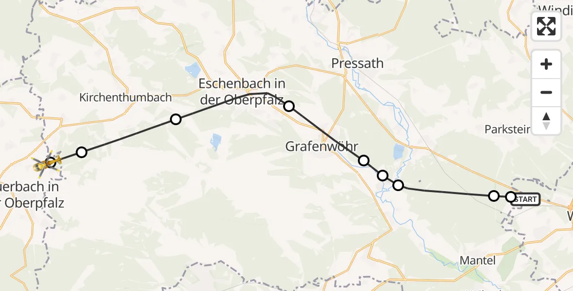 Flugroute Rettungshubschrauber Weiden i.d.OPf. - Auerbach i.d.OPf., 23 Juni 2026, 16:48