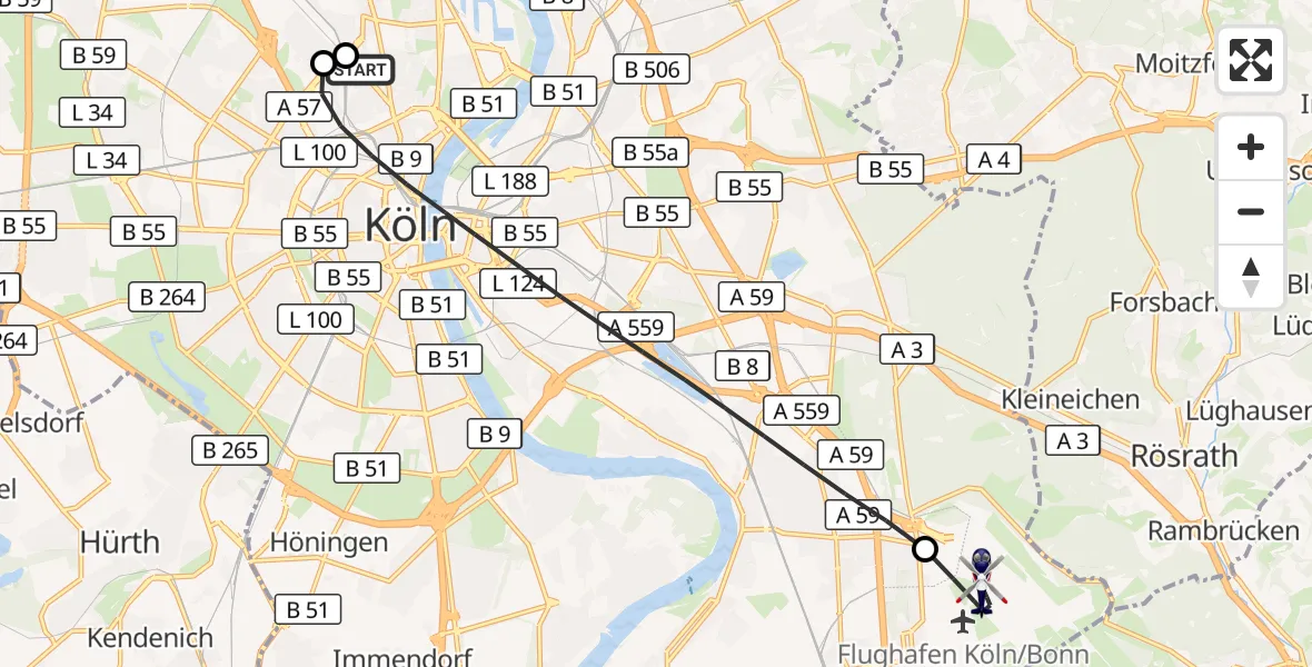 Flugroute Polizeihubschrauber Sankt Vinzenz Hospital - Köln Bonn Flughafen, 23 Juni 2026, 16:51