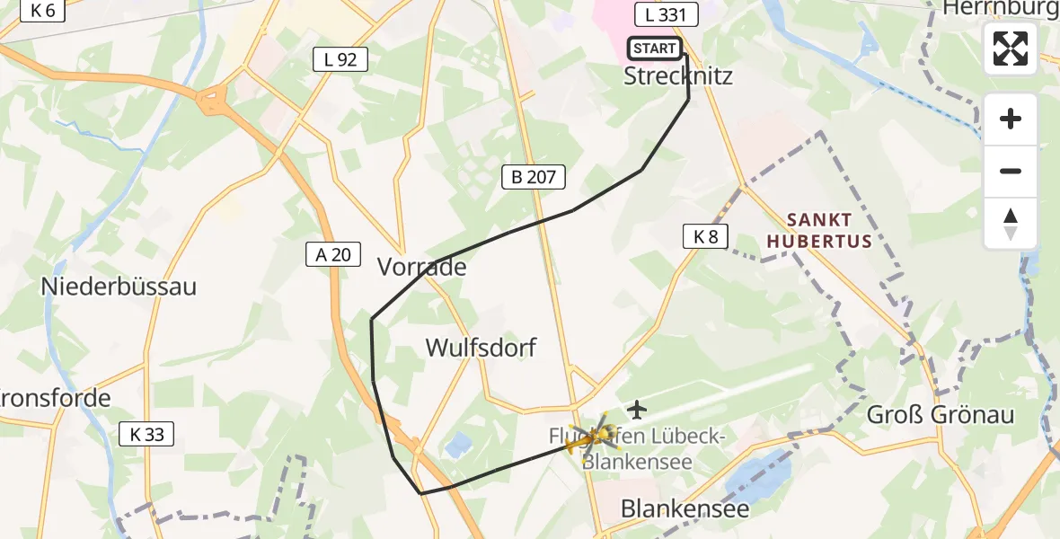 Flugroute Rettungshubschrauber Lübeck - Lübeck Blankensee Flughafen, 23 Juni 2026, 17:00