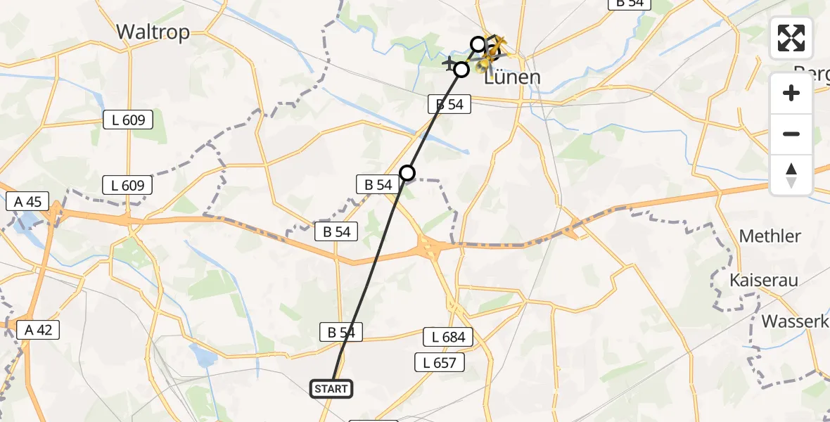 Flugroute Rettungshubschrauber Dortmund - Sankt Marien Hospital, 23 Juni 2026, 17:01