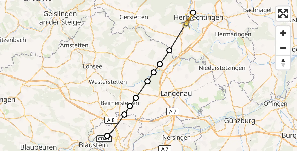 Flugroute Rettungshubschrauber Ulm Military Hospital Emergency - Herbrechtingen, 23 Juni 2026, 17:02
