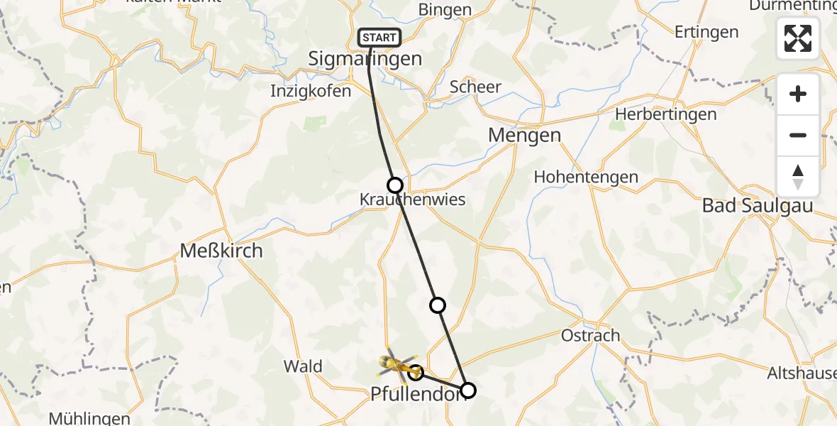 Flugroute Rettungshubschrauber Sigmaringen - Pfullendorf, 23 Juni 2026, 17:02