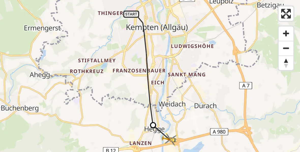 Flugroute Rettungshubschrauber Kempten (Allgäu) - Sulzberg, 23 Juni 2026, 17:04