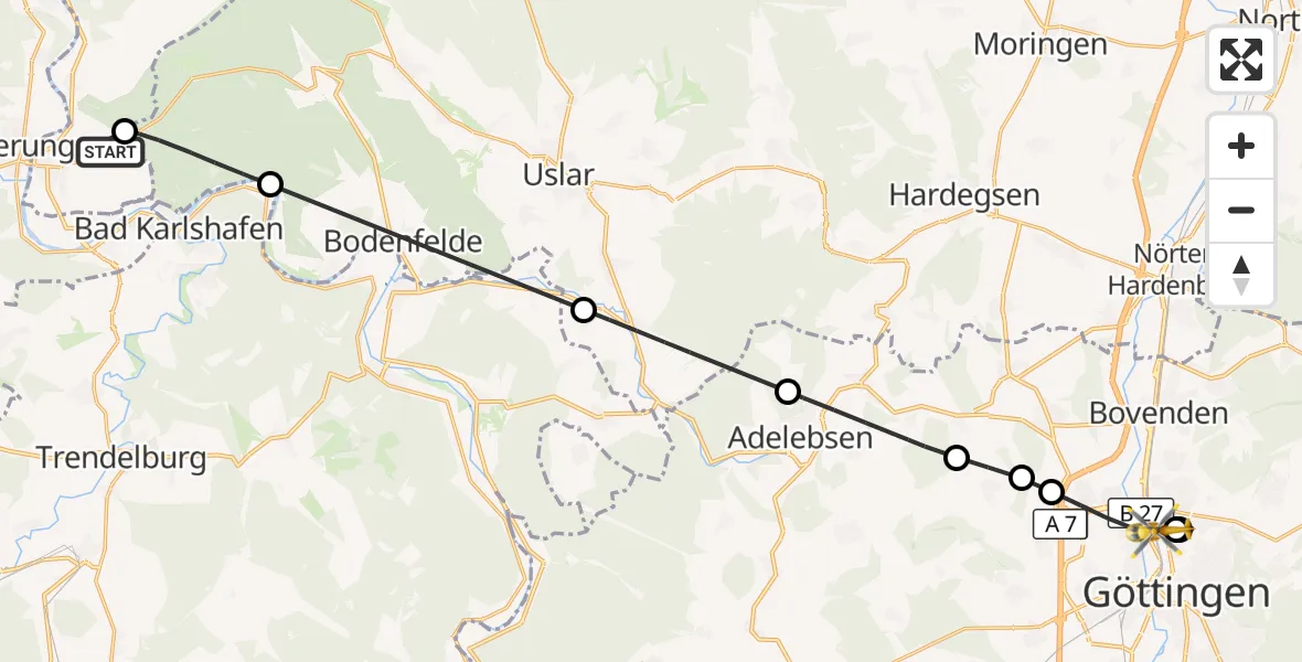 Flugroute Rettungshubschrauber Lauenförde - Göttingen, 23 Juni 2026, 17:05