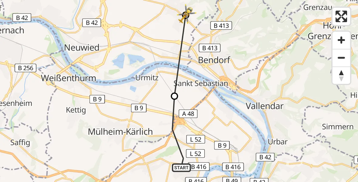 Flugroute Rettungshubschrauber Koblenz - Neuwied, 23 Juni 2026, 17:06