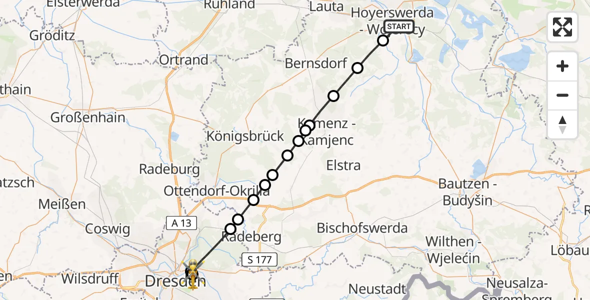 Flugroute Rettungshubschrauber Hoyerswerda - Dresden University Hospital, 23 Juni 2026, 17:10