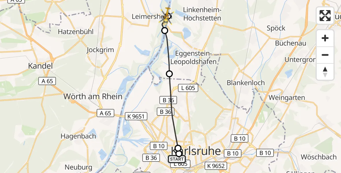 Flugroute Ambulanzhubschrauber Sankt Vincentius Hospital - Leimersheim, 23 Juni 2026, 17:12