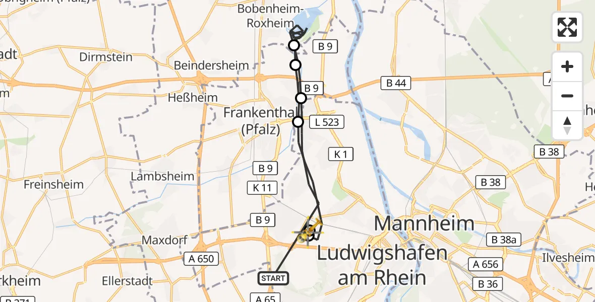 Flugroute Rettungshubschrauber Ludwigshafen am Rhein - Ludwigshafen Accident Hospital, 23 Juni 2026, 17:14