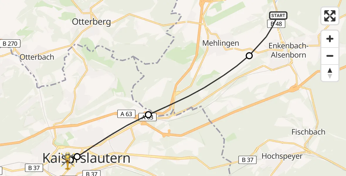 Flugroute Rettungshubschrauber Enkenbach-Alsenborn - Westpfalz Hospital Kaiserslautern, 23 Juni 2026, 17:17