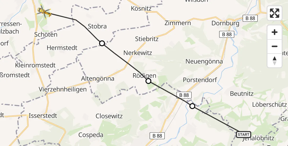 Flugroute Rettungshubschrauber Jenalöbnitz - Apolda, 23 Juni 2026, 17:20