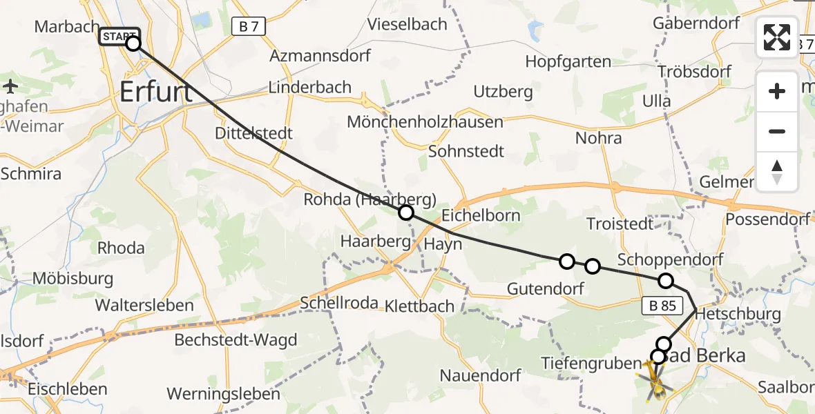 Flugroute Ambulanzhubschrauber Helios Clinic Erfurt - DRF Rettungsstation Bad Berka Hubschrauberlandeplatz, 23 Juni 2026, 17:22