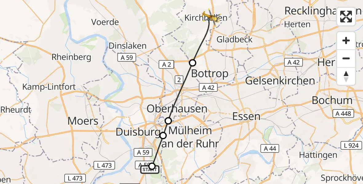 Flugroute Rettungshubschrauber Duisburg Air Rescue Hubschrauberlandeplatz (Christoph 9) - Bottrop, 23 Juni 2026, 17:24