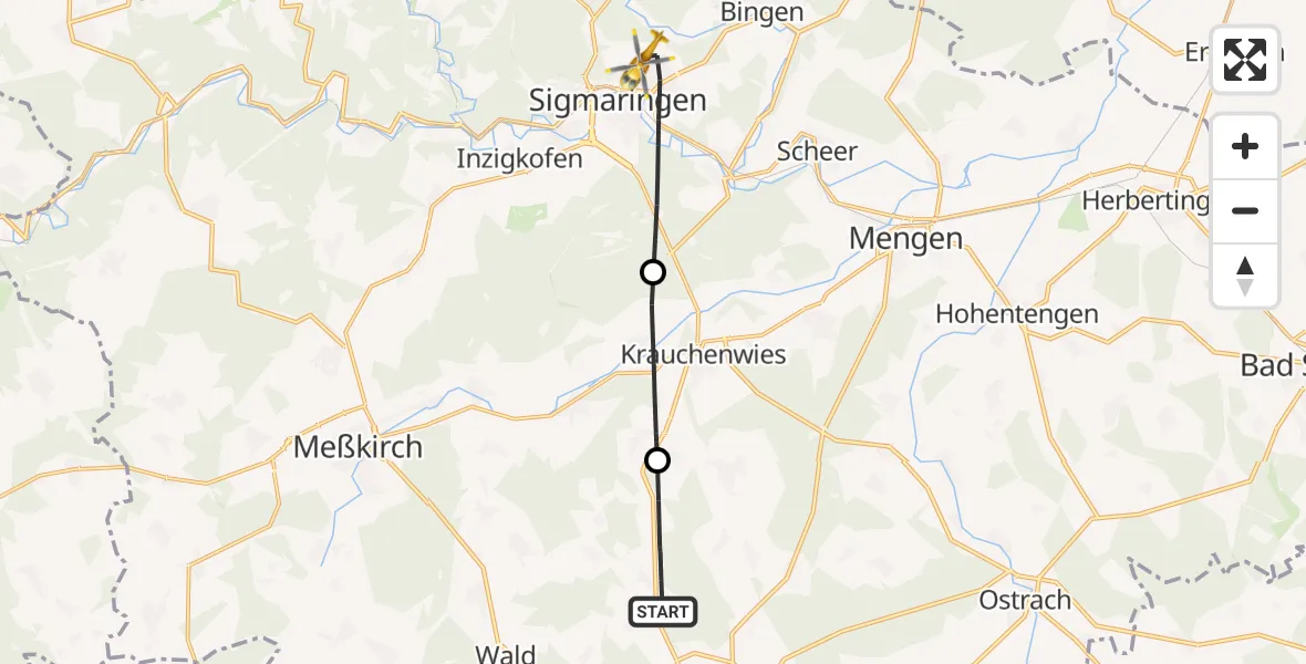 Flugroute Rettungshubschrauber Pfullendorf - Sigmaringen, 23 Juni 2026, 17:26