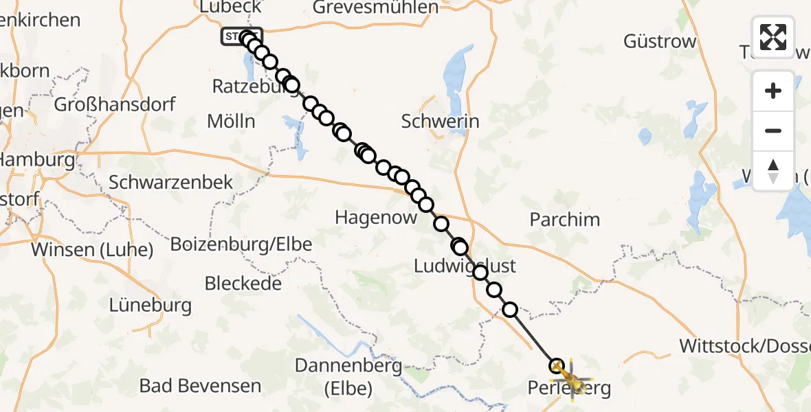 Flugroute Rettungshubschrauber Lübeck Blankensee Flughafen - Perleberg, 23 Juni 2026, 17:28